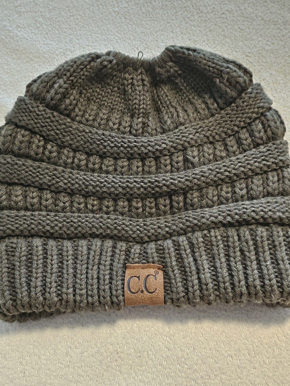 C.C Beanie Tail Ponytail Messy Bun Cable Knit Winter Hat Dark Charcoal Grey